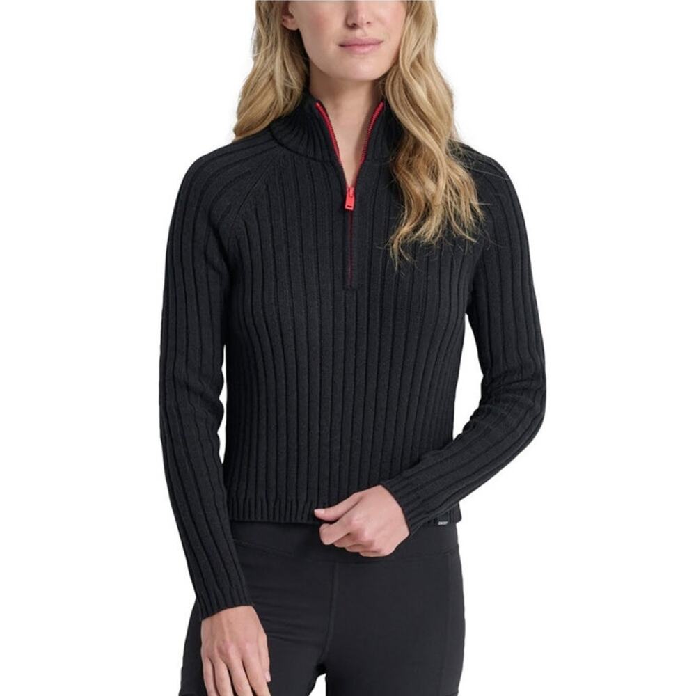 NWT DKNY Ribbed Half Zip Up Sweater Black L